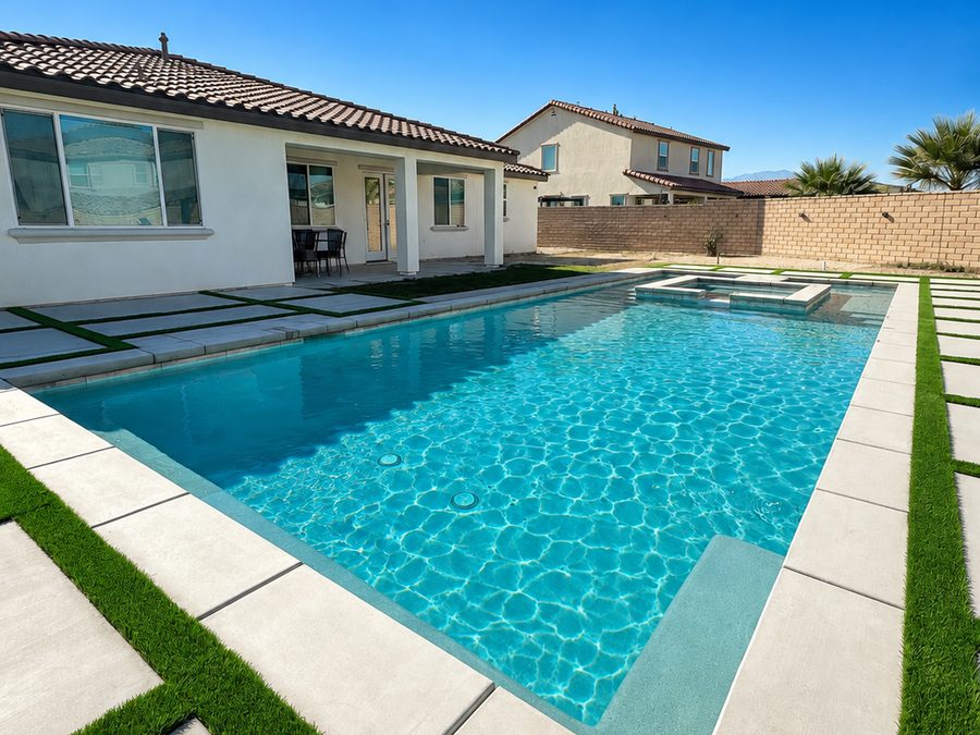 A rectangular pool and spa on a Coachella Valley property, maintained by Valley Pool Club.