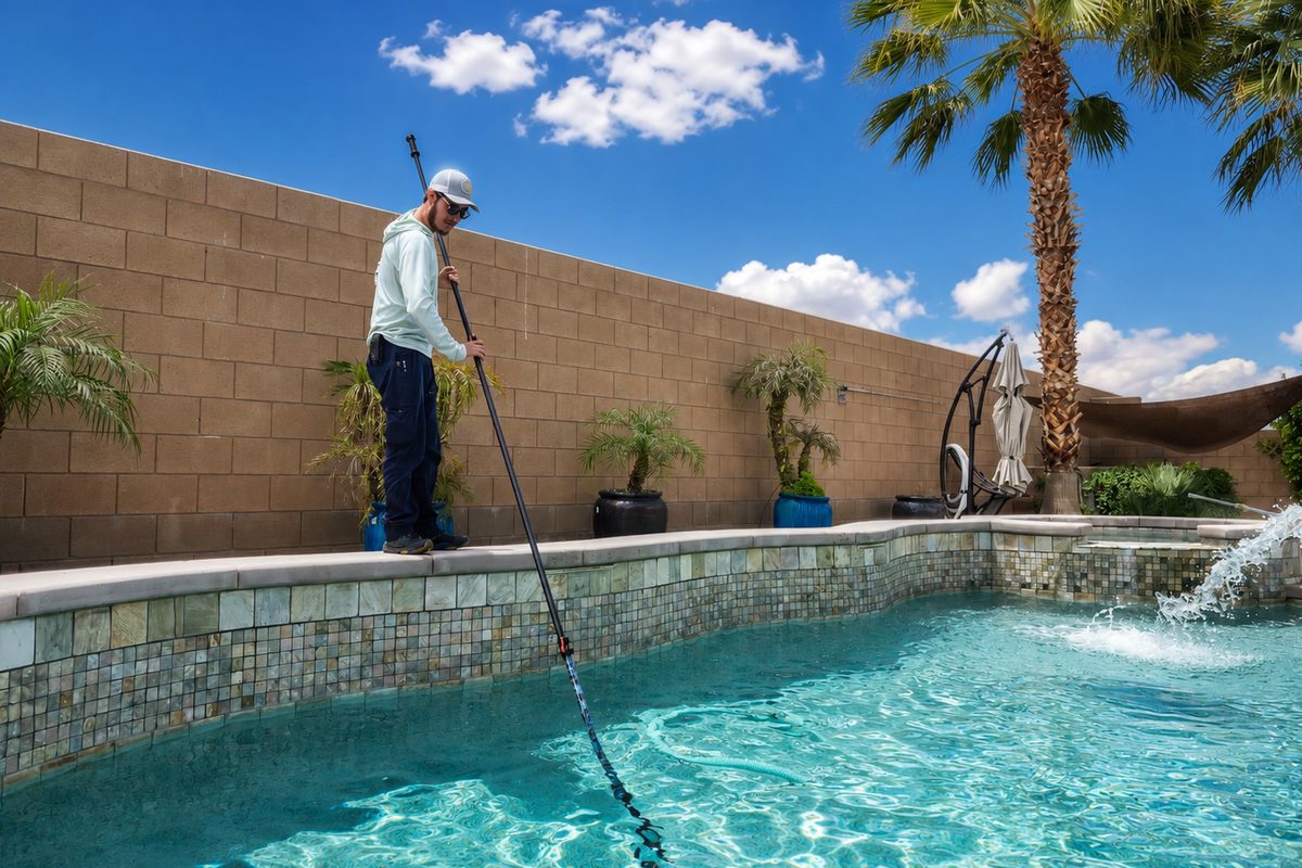 A Valley Pool Club technician vacuuming a Coachella Valley pool with a hose and pole.